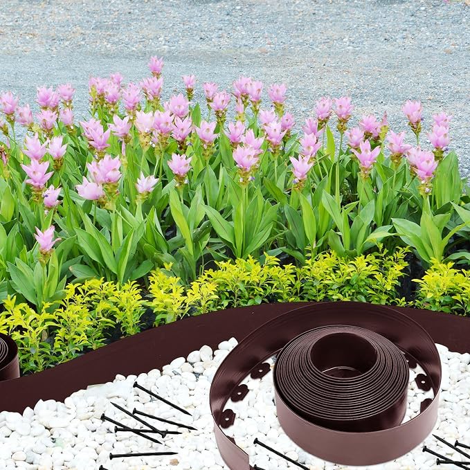Sasylvia 5'' x 50' Landscape Edging Kit Plastic Garden Edging Border Include 45 Anchoring Spikes for Lawn Garden Grass Yard Home School, Brown