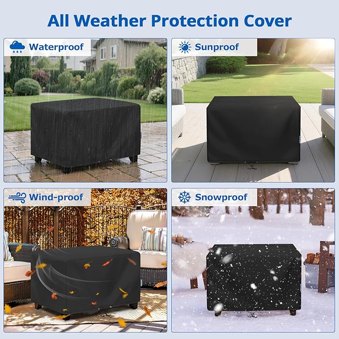 SunPatio Outdoor Ottoman Cover, Waterproof Rectangle Coffee Table Cover, Patio Furniture Covers Side Table Cover, All Weather Protection, 34W x 24D x 17H, Black