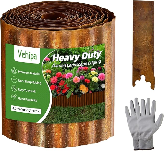 Vehipa Corrugated Landscape Edging, 6" x 60 Ft Metal Garden Edging for Lawn Landscaping, Sturdy Flower Bed Edging Border Garden Border for Landscaping, Garden Bed, Lawn (Rusty)
