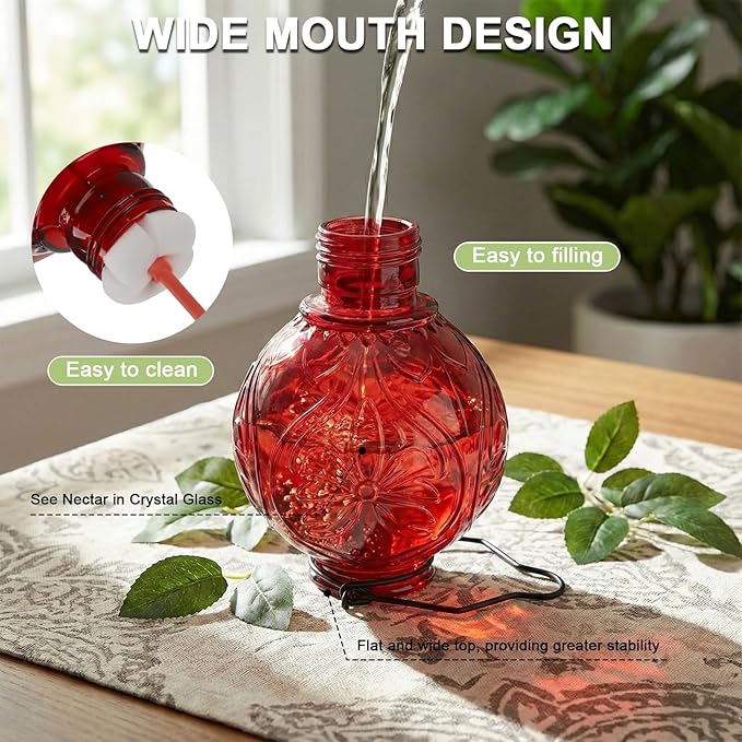 Glass Hummingbird Feeder for Outdoors Hanging, 25Oz Humming Bird Nectar Feeders with Perch & 5 Flower Feeding Ports, Leak Proof for Outside Garden Decor, Gifts for Women (Red)