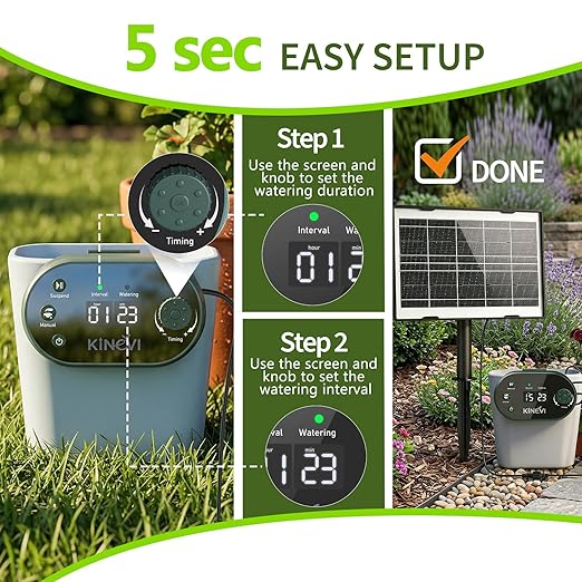 Solar Drip Irrigation System Kit, Auto Watering Kit for 15 Pots, 3W Solar Powered Auto Easy DIY Watering Device, 22 Timing Modes with Anti-Siphoning Device,for Outdoor Garden, Balcony