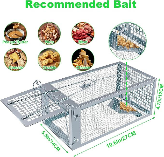 Humane Rat Traps, No Kill Small Animal Cage Trap, Live Mouse Trap Cage Catch and Release, Trampa para Ratones, Chipmunk Rodent Trap that Work for Indoor and Outdoor - 10.6" L x 5.5" W x 4.7" H