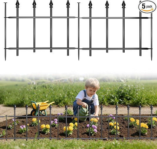 Decorative Metal Garden Fence，(5 Panels+ 6 Posts),Total Iength 7 ft(W) x 11 in(H), Small Metal Border Fence, Classic Roman Column Decoration, Garden and Lawn Landscape Fence, Black Animal Fence
