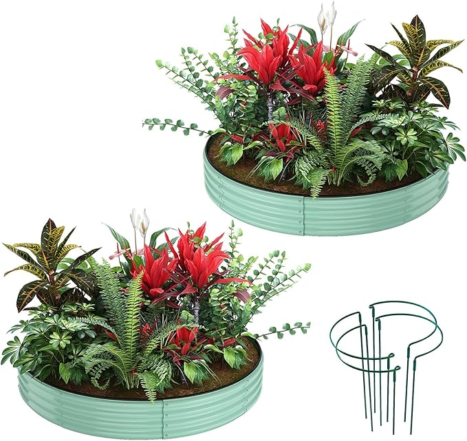 ZFHgarden Galvanized Metal Planter Round Raised Garden Bed Kit for Gardening Outdoor，3x3x1ft 2PC Grow Garden Box Raised Flower Bed，Round Galvanized Planter Outdoor Large Metal Fire Pit Ring Green