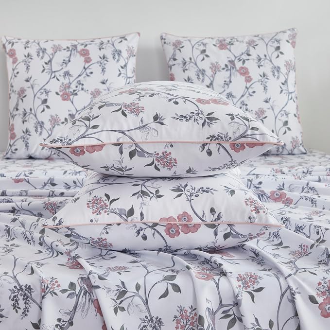FADFAY Sheets Set Twin XL Rustic Bird Floral College Bedding Vintage Botanical Dorm Sheets Shabby Branches Bedding 100% Egyptian Cotton Soft Sets with Deep Pocket Fitted Sheet 4Pcs, Twin XL Size