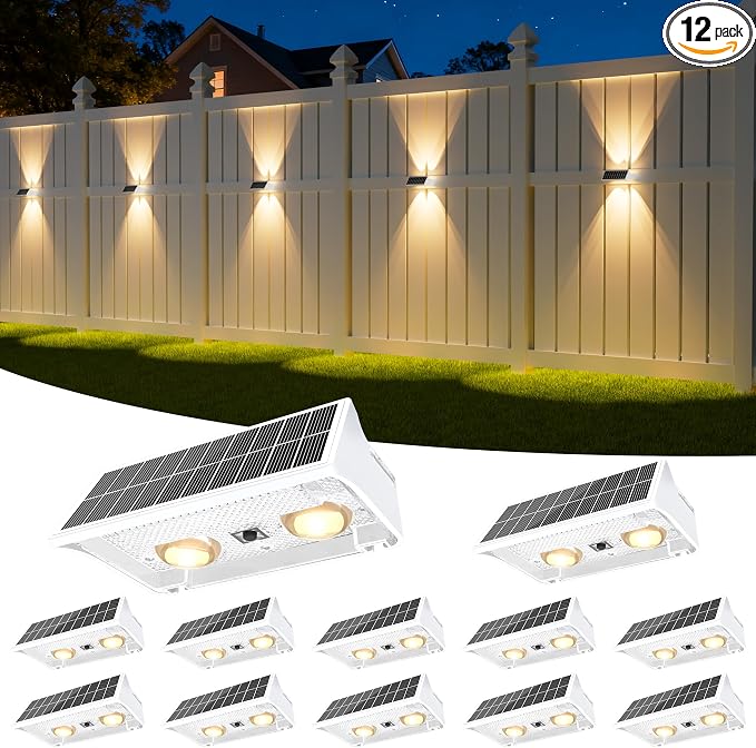 NIORSUN Solar Fence Lights Outdoor, 12 Pack Up and Down Waterproof Solar Wall Lights, Fence Lights with Lens, Warm & Cool White + RGB, Dusk to Dawn Lighting for Patio, Backyard, Pool, Railing (White)