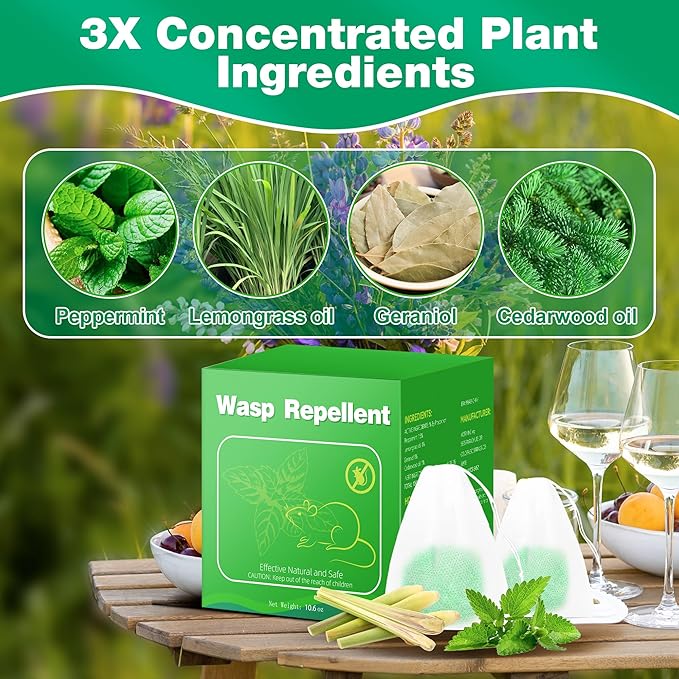 12 Pack Natural Wasp and Bee Repellent Outdoor, Peppermint Oil Carpenter Bee Repellent for Yellow Jackets, Hornets, Mud Wasps Deterrent for Indoor Outdoor Patio Garden Porch, Pet and Human Safe