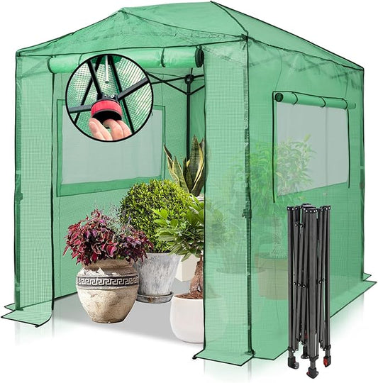 EAGLE PEAK 8x6 Portable Walk in Greenhouse, Pop Up Indoor Outdoor Greenhouse, Green House Kit with Zippered Roll-Up Doors and Windows, PE Cover, Clear/Green