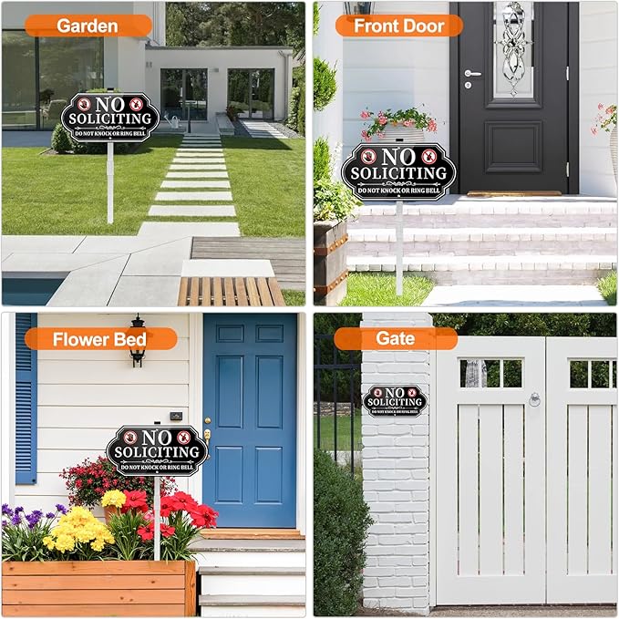 No Soliciting Sign for House, No Soliciting Yard Sign for Front Door Home, Aluminum Metal No Solicitation Sign 14 x 7 inches, with 28 inches Stake, Do Not Knock or Ring Bell