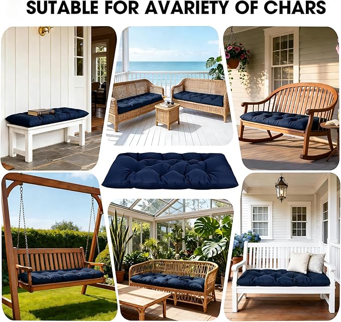 Yddsky 47.3 in Waterproof Indoor/Outdoor Garden Bench Seat Cushions，Thicken Patio Bench Soft Rocking Chairs Pad Lounger Seat for Wicker Loveseat Settee（47.3 X 19.6 in，Navy）