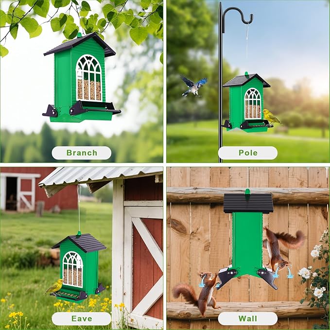 Gbekery Squirrel Proof Bird Feeder for Outdoors,5LB Large Capacity,Metal Wild Bird Seed Feeder with Bilateral Weight-Activated Perches for Outside Hanging,Garden Decoration,Green