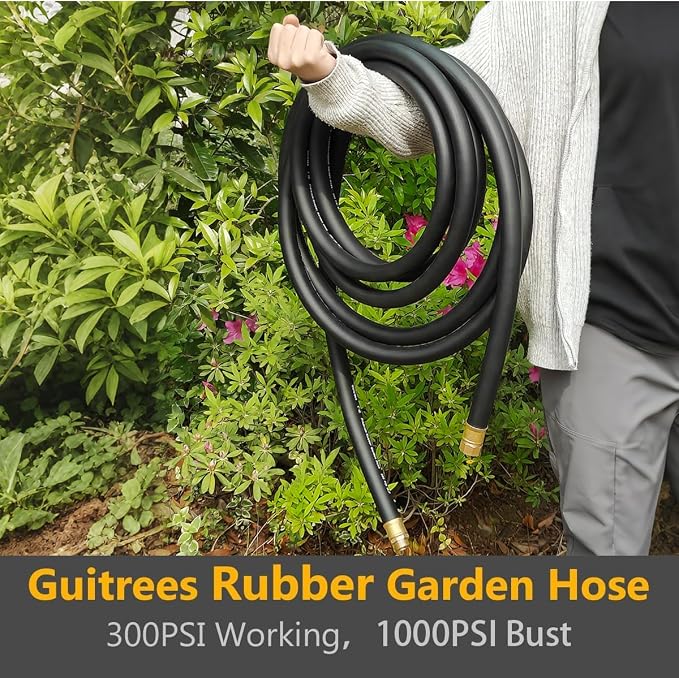 Guitrees 100FT ×1 inch Heavy Duty Rubber Garden Hose - 200psi Working, 1000psi Burst - Hot/Cold Water - Five-Layered Braiding for Durability - Versatile for Gardening, Agriculture, Construction(Black)