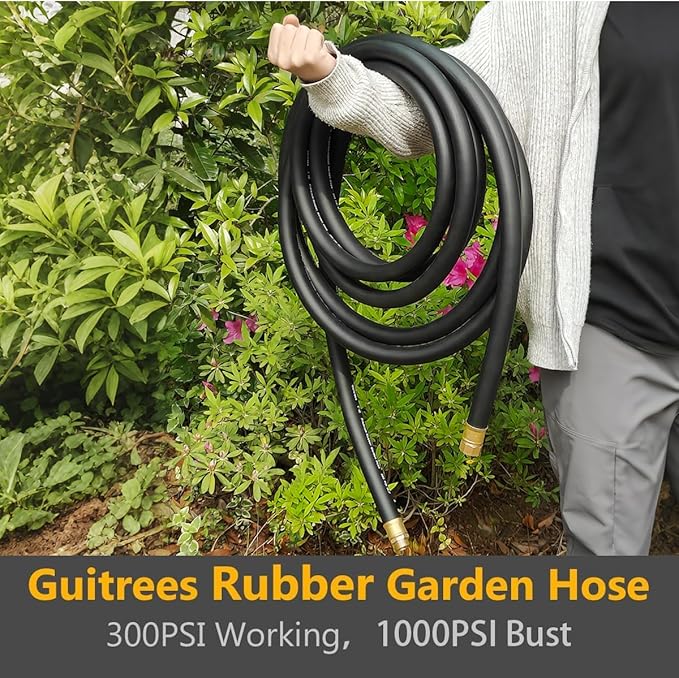 Guitrees 75FT ×1 inch Heavy Duty Rubber Garden Hose - 200psi Working, 1000psi Burst - Hot/Cold Water - Five-Layered Braiding for Durability - Versatile for Gardening, Agriculture, Construction(Black)