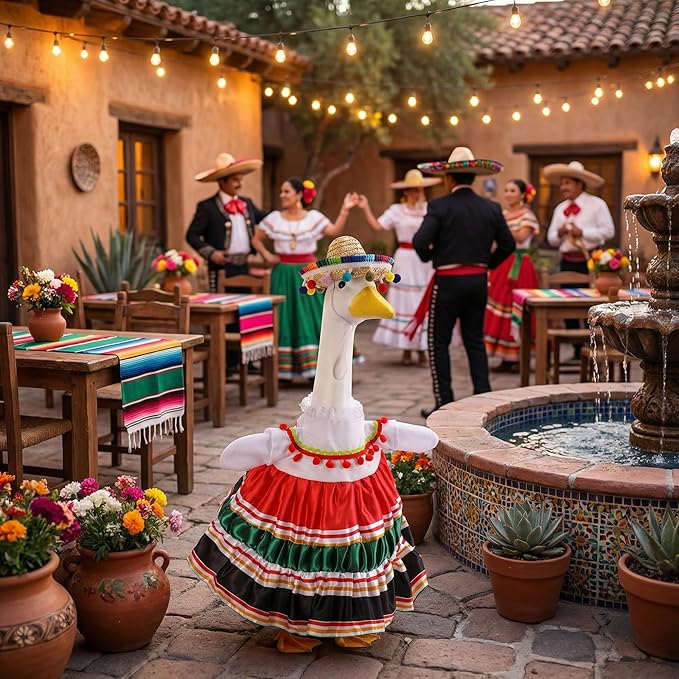 Watayo 2 Pcs/Set Mexican Porch Goose Outfits, Lawn Goose Clothing Costume for Cinco De Mayo, Garden Goose Clothes Striped Dress Mexican Sombrero for 23" High Statue Outdoor Patio Yard Decor (A Style)