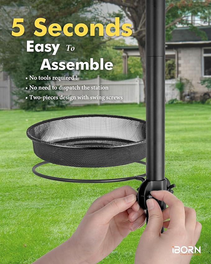 iBorn Bird Feeders Station Mesh Tray and Ring for 1” Pole Stand Station Outdoor Accessory for Humming Bird Feeders for Outside,5SECOND to Install,Fit for 1 Inch Pole,1 Inch Wooden Stick,Pack of 1