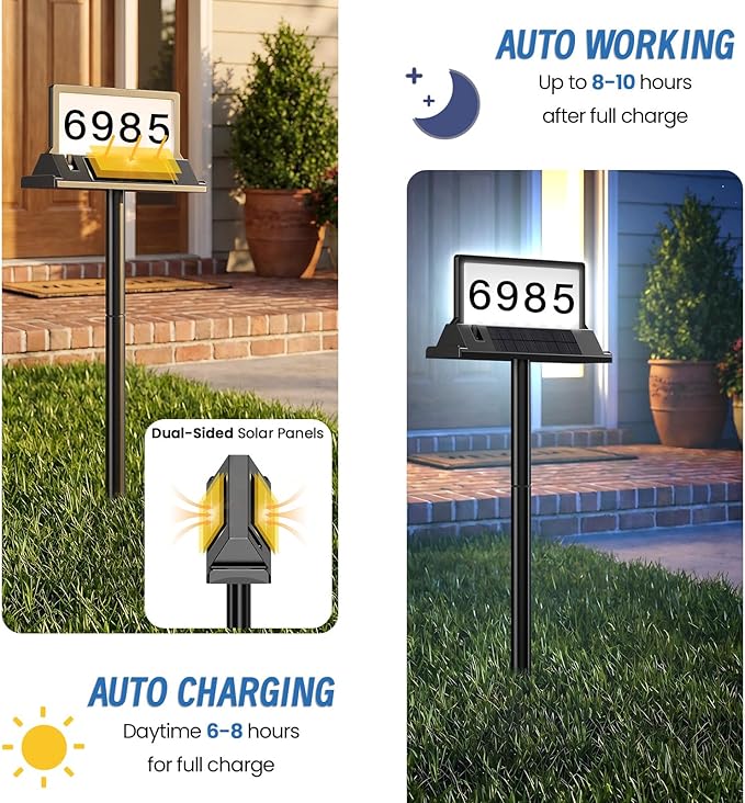 Solar Address Sign for House Numbers – Dual-Sided LED & Dual-Sided Solar Panels, 3 Color Modes, IP65 Waterproof Address Plaque, Strong Magnetic/Stake/Wall Mount, Dusk-to-Dawn for Mailbox Yard Driveway