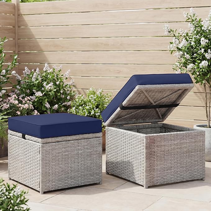 DoubleFill 4 Pcs Outdoor Ottoman Cushion 23"x19"x3" Waterproof Fade Resistant Outdoor Footstools Cushion Removable Patio Ottoman Cushions with Adjustable Fixing Strap for Stool (Navy Blue)