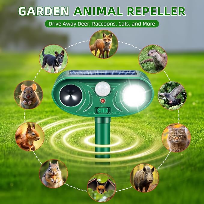 4 Pack Solar Ultrasonic Animal Repeller Outdoor, Cat Deterrent & Deer Repellent Device, Waterproof Squirrel Rabbit Control Deterrent with Motion Sensor & LED Waterproof Cat Deterrent for Garden Yard