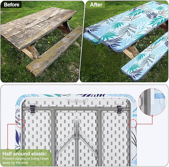 Picnic Table Cover with Bench Covers Camping Essentials Waterproof Windproof Camping Tablecloth with Drawstring Bag, Fitted Rectangle Tables and Seats, 72in, Light Green Blue