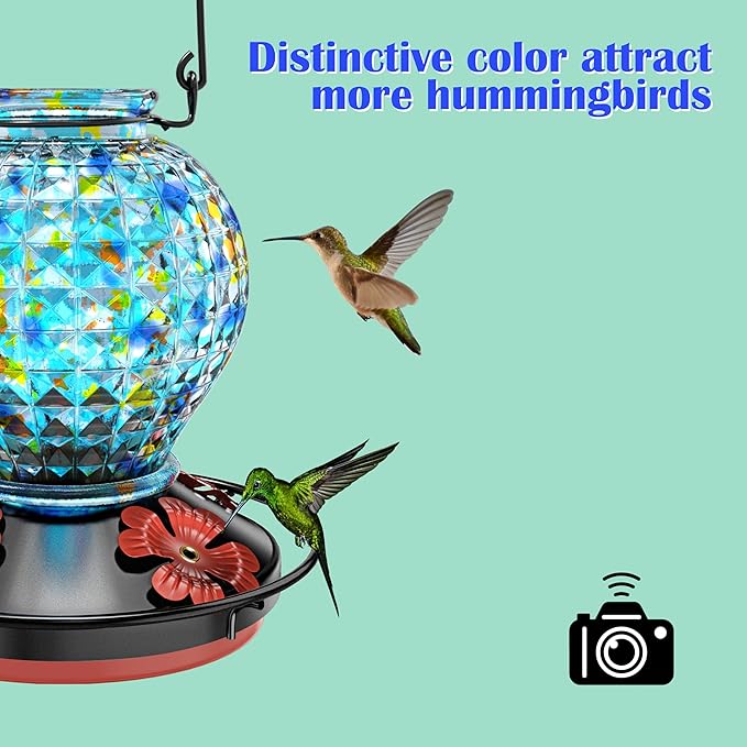 Hummingbird Feeder, Glass Hummingbird Feeder for Outdoors, Vibrant Colors Attract Hummingbirds, 18 Ounces, Diamond Ball Shape Bottle