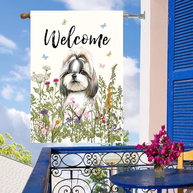 Floral Shih Tzu Garden Flag Spring Summer House Flags 28 x 40 Double Sided Flower Dog Yard Flags for Outside Large Outdoor Welcome Flags