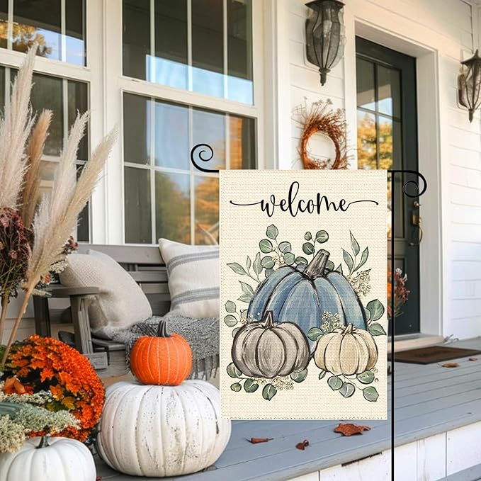 Fall Thanksgiving Harvest Blue Pumpkin Garden Flag 12 x 18 Inch, Autumn Grateful Burlap Double Sided Welcome Small Flag Yard House Farmhouse Seasonal Holiday Patio Outside Decoration
