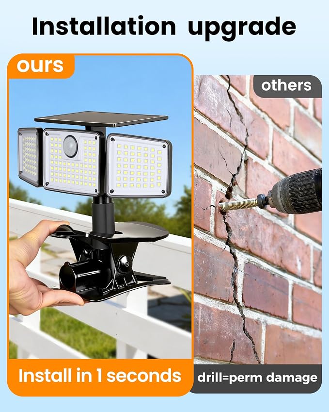 Clip on Solar Lights, 1500LM Motion Sensor Security Lights with Remote Control, 270°Wide Angle Solar Flood Light, 3 Heads High Bright Solar Lights Outdoor Waterproof for Fence Gutter Yard（1Pack）