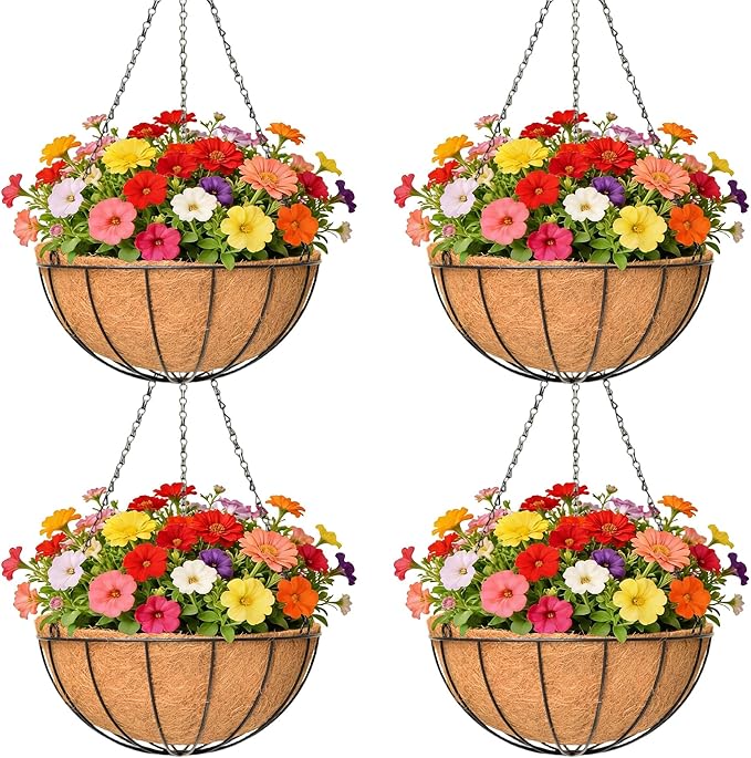 4 Pack 16 Inch Metal Hanging Planter Basket，Natural Round Coconut Hanging Plant Flower Pot，Coconut Coir Planter for Hanging Basket Flowers/Vegetables Home Garden Patio Decoration Watermelon
