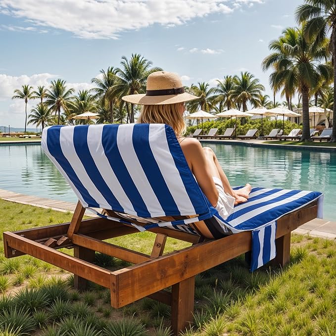 Lounge Chair Towel Covers, 2 Pack Outdoor Chaise Lounge Slipcover, 83" X 29" Stripe Microfiber Beach Chair Cover, Soft Absorbent Chaise Cover with Pockets for Pool Garden Patio, Navy Blue