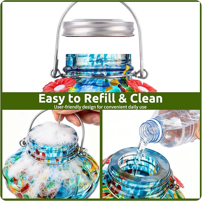 BOLITE Hummingbird Feeders for Outdoors, Hand Blown Top Fill Hummingbird Feeder, Glass Mason Jar with 4 Flower Feed Ports, Easy to Clean, Leak Proof, Bee Proof, Ant Moat, Blue, Gift for Bird Lovers