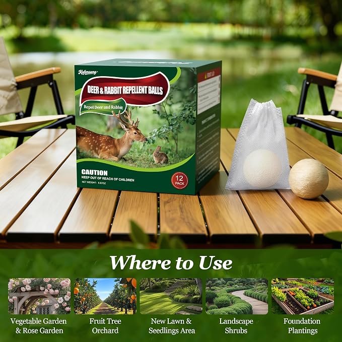 12 Pack Deer & Rabbit Repellent Balls-Deer Repellent, Rabbit Repellent Outdoor,Animal Deterrent for Garden, Yard, Trees & Plants-Long-Lasting 30-60 Days-Safe for Pets, Kids, Flowers & Vegetables