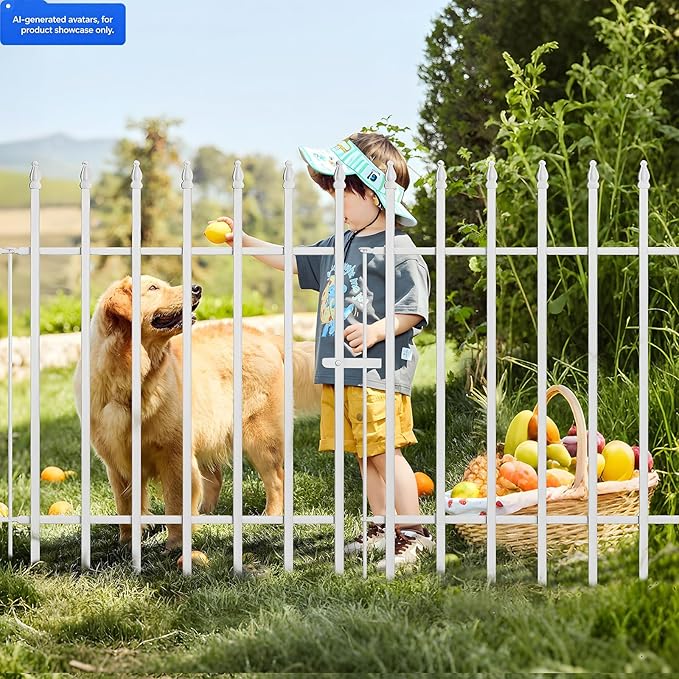 Thealyn Metal Garden Fence 36" H x 28" W, 5 Panels (4 Panels + 1 Gate), Total 11.6 feet, Metal Border Folding Fence, Landscape Fencing Dog Fence Pet Fence for Flower Bed, Yard, Animal Barrier (White)
