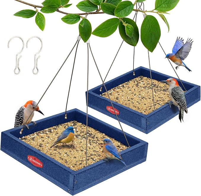 Kingsyard Platform Bird Feeder for Outdoors, Hanging Tray, 2 Pack | Recycled Poly Lumber, Weatherproof, 11x11 Tray, Holds up to 3 lbs Seeds or Mealworms, Easy Clean & Refill, Blue