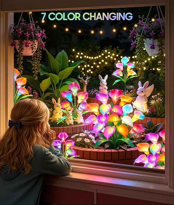 KOOPER Solar Lights Outdoor Decorative, Color Changing Solar Garden Lights With 10 Calla Lily Flower Lights, Solar Flowers Outdoor Waterproof IP65 For Yard Lawn Garden Decor, Gift For Women Mom 2 Pack
