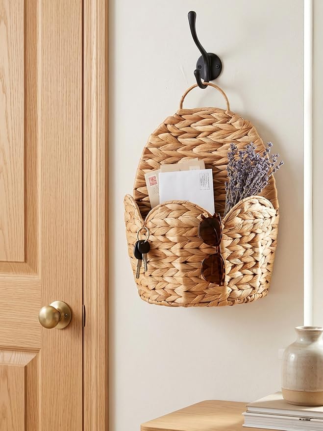 2 PC Door Basket Scalloped Hanging Storage Basket,Water Hyacinth Woven Wall Baskets for Front Door Decor, Hangable Storage Organize for Flowers,Planter,Mails,Wicker Baskets for Organizing -Braided & L