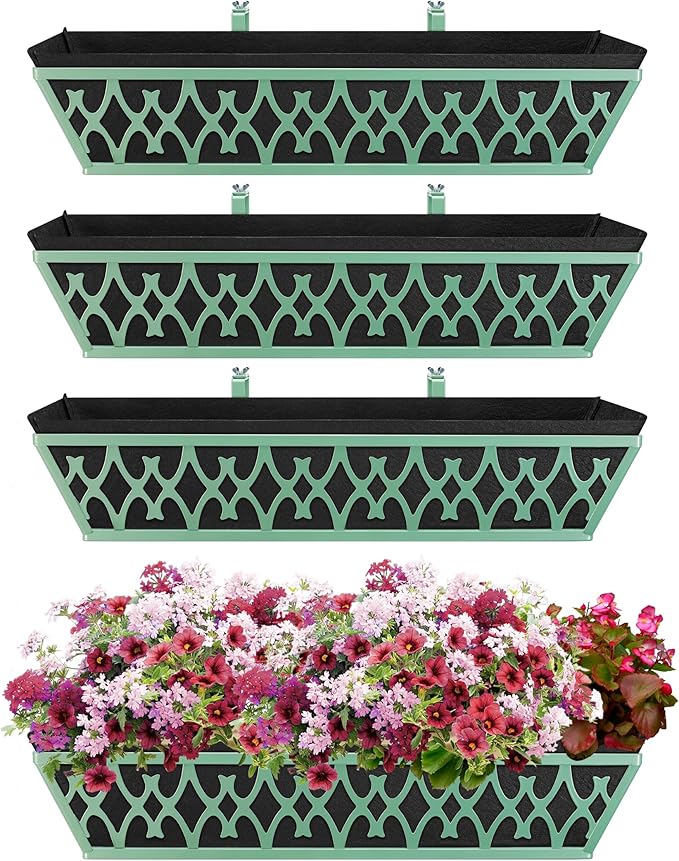 4 Pack 24 Inch Window Boxes Planters Railing Planter Box with Adjustable Brackets & Non-Woven Fabric Plant Grow Bags Deck Railing Planter Boxes Balcony Hanging Flower Box for Outdoor Plants