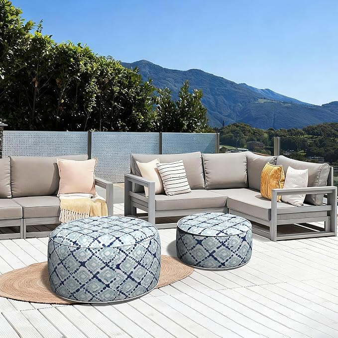 LVTXIII Outdoor Inflatable Ottoman, Fade-Resistant Round Footrest Stool D31”x H14”, Portable Patio Pouf for Garden Camping or Home Use, Boho Geometry Blue