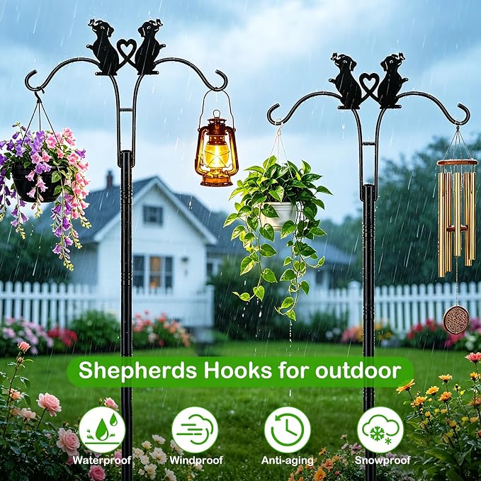 Double Shepherds Hooks for Outdoor, 2 Pack 78 Inch Bird Feeder Pole with 5 Prongs Base, Adjustable Heavy Duty Plant Hangers Dog Art for Outdoor Plants Hummingbird Feeder Hanging Basket Lantern