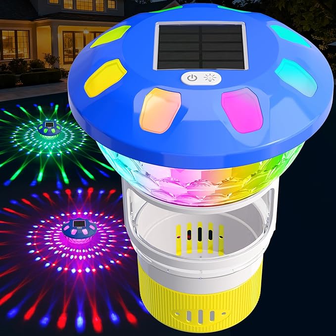 AquClor Chlorine Floater with Light,Pool Chlorine Floater with Adjustable Flow,Solar Chlorine Floater w/Large Capacity,Collapsible Floating Chlorine Dispenser for Pool,Hot Tub Chlorine Floater,Yellow