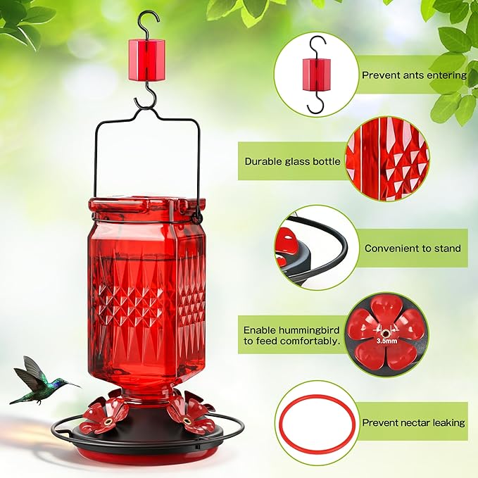 20oz Glass Hummingbird Feeder for Outdoors Hanging, Bird Nectar Feeder with 4 Bee Guard Flower-Shaped Feeding Ports & Built-in Ant Moat, for Bird Lover, Red (1 Pack)