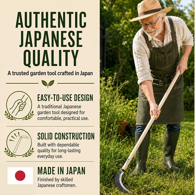 KAKURI Japanese Weeding Sickle Long Handle 45" [Triple Edged Blade] Grass Sickle Stand Up Weeding Tool, Razor Sharp Japanese Carbon Steel Blade, Made in Japan