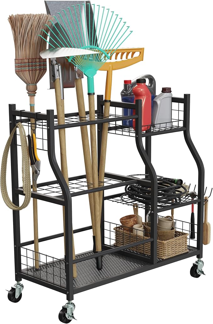 Garage Garden Tool Organizer with Wheels - Yard Tool Storage Rack with 28 Slots for Long Handles, 10 Hooks, 2 Cord Wrappers, 3 Shelves, and Locking Wheels - Shed or Garage Organization by Pure Garden
