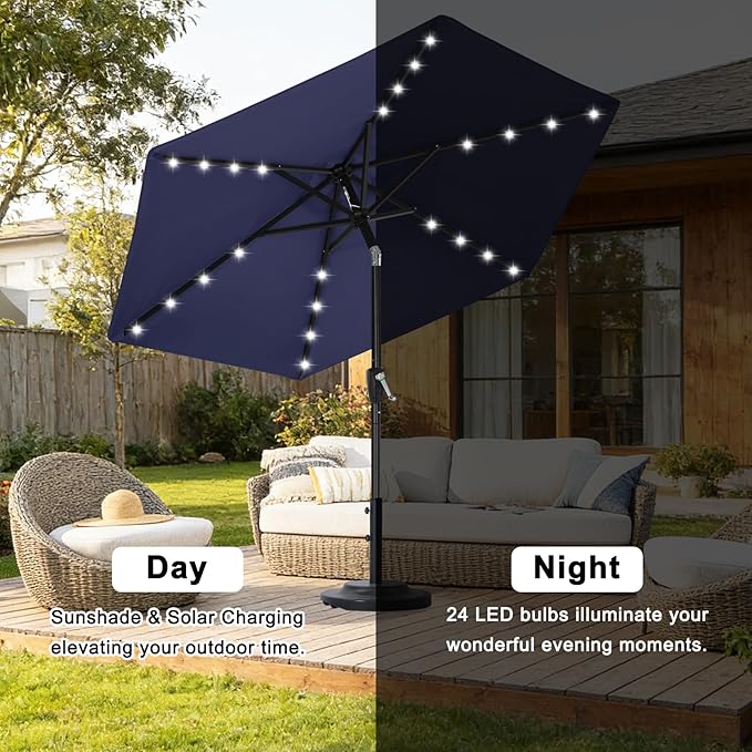 ABCCANOPY Durable Solar Led Patio Umbrellas with 24LED Lights 7.5FT with 6 Sturdy Ribs (Navy Blue)