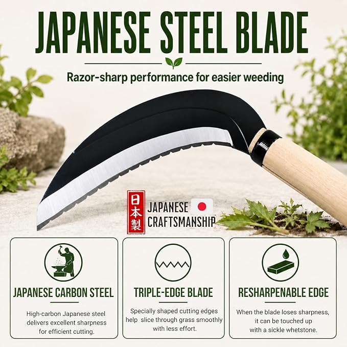 KAKURI Japanese Weeding Sickle Long Handle 45" [Triple Edged Blade] Grass Sickle Stand Up Weeding Tool, Razor Sharp Japanese Carbon Steel Blade, Made in Japan