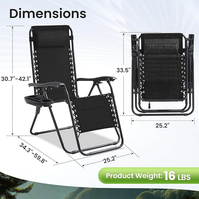Zero Gravity Chair Set of 2 Oversized Folding Recliner, Padded Anti Gravity Lounge Chair with Adjustable Pillow & Cup Holder for Outdoor Camping, Patio, Poolside, Lawn (Black)