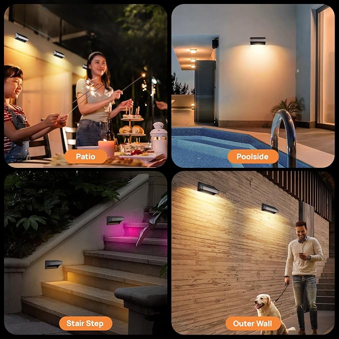 Solar Deck Lights 8 Pack Outdoor Waterproof - Step Lights for Stairs & Fence, 8 Color Changing Security Lighting with Auto On/Off, Wall Lights for Patio/Yard/Pathway (Warm/Cool White + RGB)