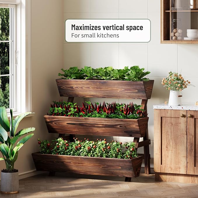 Vertical Wooden Raised Garden Bed, Garden Planters Freestanding Wood Plant Stand Flower Rack Wooden Planter Box for Plants Herbs Flowers Vegetables Outdoor Indoor Gardening (3-Tier Large Carbonized)