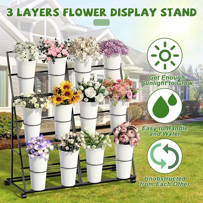 Invech Flower Display Stand with 12 Buckets and Wheels, 3 Tier Flower Cart Display Stand for Indoor Outdoor Garden, Wedding, Flower Shop (Black)