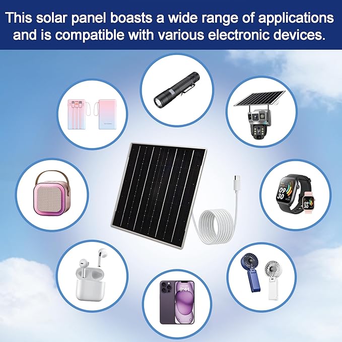 Eco-friendly 6W 5V Monocrystalline Solar Panel, Type-C Interface, IP66 Waterproof, 6.5-foot Cable, High Conversion Rate, Compatible with Various Electronic Devices