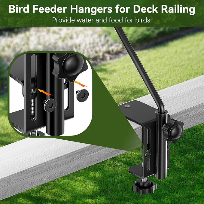 28" Adjustable Deck Railing Hook, Heavy Duty Rotating Plant Hanger | Clamp-mount for Bird Feeders, Planters, Lanterns & Wind Chimes | Fits up to 2.75" | 12 lbs Capacity | 360° Rotation